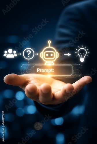 Artificial intelligence concept with hand holding glowing icons and circuit board