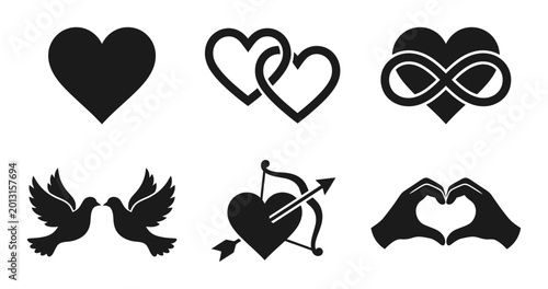 Heart icon set with love symbols, cupid bow, doves and infinity, white background, vector Illustration
