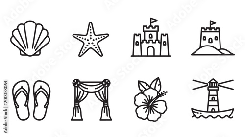 Beach vacation icons collection with seashell starfish sandcastle flip-flops wedding arch hibiscus lighthouse