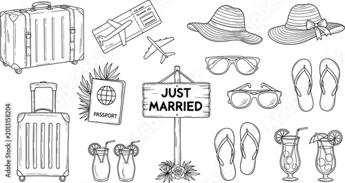 Konstfotografi Travel and Honeymoon Icon Set Featuring Suitcase, Passport, Sunglasses, Hats, Co