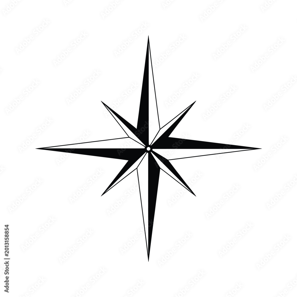 Fototapeta premium Simple black compass rose with eight points on a white background