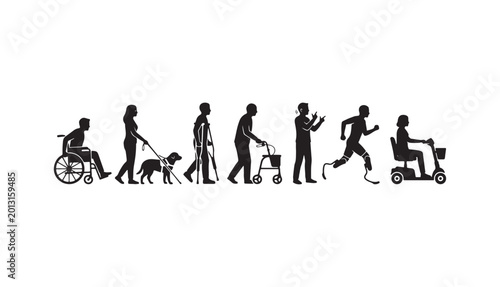 Bild auf Leinwand Vector Silhouette Set of Diverse People with Disabilities and Accessibility Icon