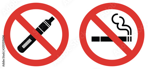 Free Download No Smoking and No Vaping Icon Set Featuring Red Ban Circles with Cigarette and Vape Symbols Design - GFXLoad