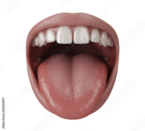 Foto Halftone open mouth with tongue out and white teeth showing.