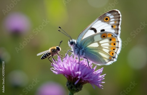 A bee and a butterfly rest on a purple flower in a sunny field. The insects share a bloom, highlighting nature delicate balance. This macro shot shows intricate details on their wings and bodies.