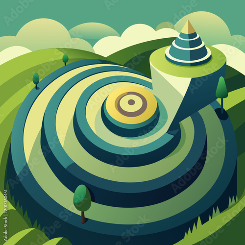 Bild auf Leinwand Isometric green landscape with concentric circular structure and conical tower