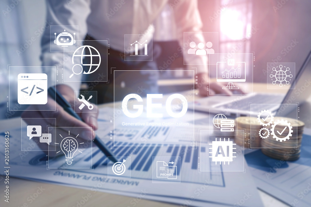 Fototapeta premium Digital marketing concept featuring GEO strategy, optimizing content for AI search engines and large language models. Evolution of SEO, brand authority, and AI citation visibility. Corpus
