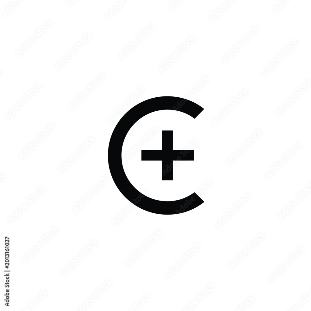 Fototapeta premium Letter c featuring a plus sign symbol in black on white background