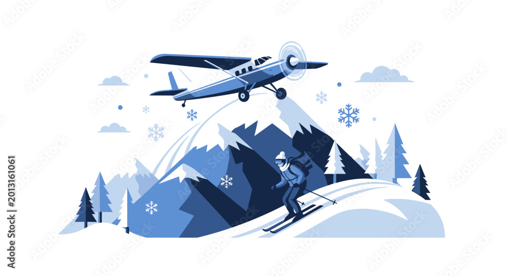 Fototapeta premium Airplane flying over snowy mountain peak.