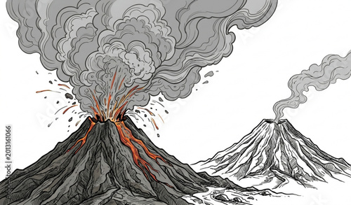 Foto Hand drawn erupting volcanoes vector illustration smoke ash plume natural disast