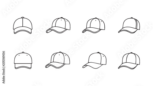 Collection of eight baseball cap outlines in a minimalist line art style on a white background