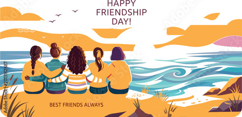 Five female friends sitting on a beach watching the sunset, happy friendship day greeting card illustration