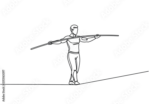 Obraz na plátně Continuous line art drawing of an acrobat walking on a tightrope