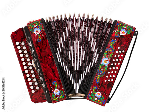 folklore musical instrument, handmade Russian accordion with painting and inlay, isolated on a white background