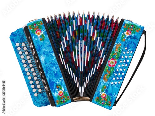 folklore musical instrument, handmade Russian accordion with painting and inlay, isolated on a white background