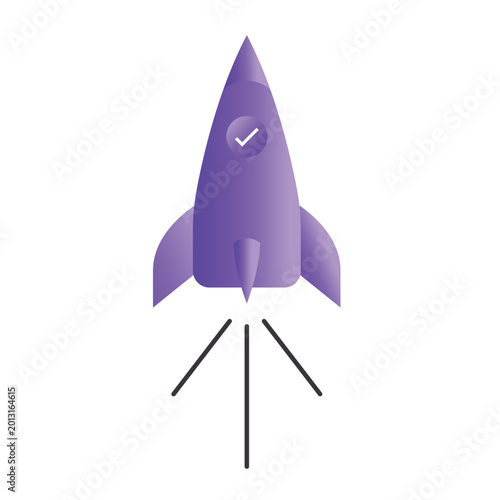 Fotografia Purple space rocket launch illustration with check mark icon on fuselage