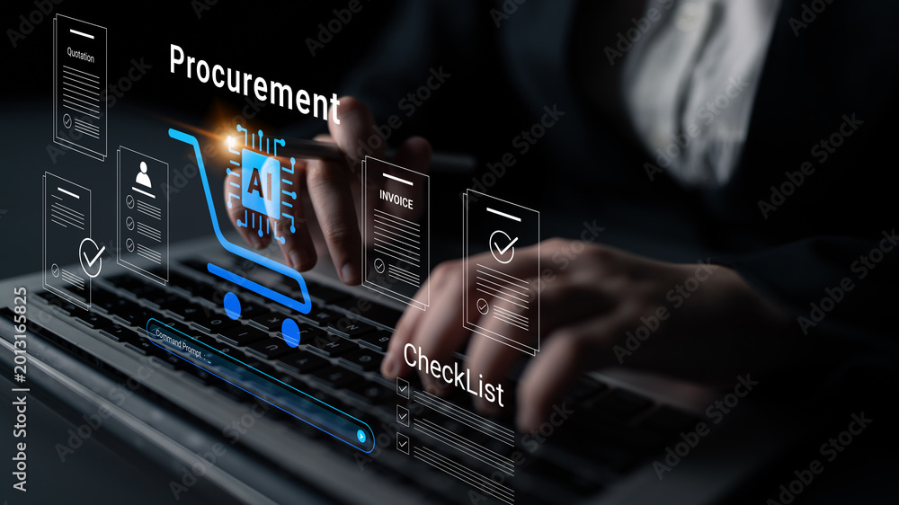 Fototapeta premium This image showcases the digital procurement process featuring AI integration, highlighting technology role in enhancing workflow efficiency and management in modern business settings. Cyphers