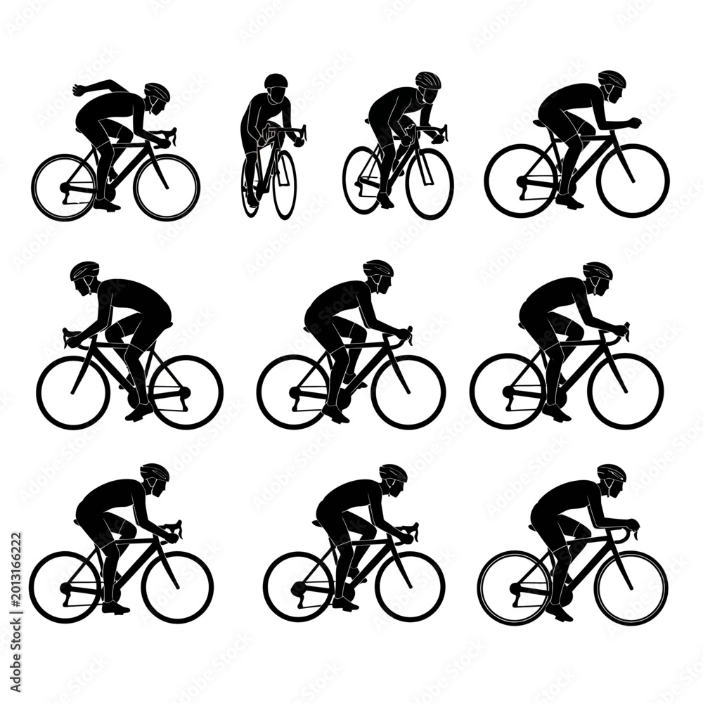 Fototapeta premium Silhouettes of cyclists in various racing positions, showcasing dynamic motion and athletic form.