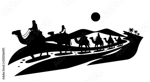 Canvas Print Camel caravan desert scene vector illustration with stylized animals for banner