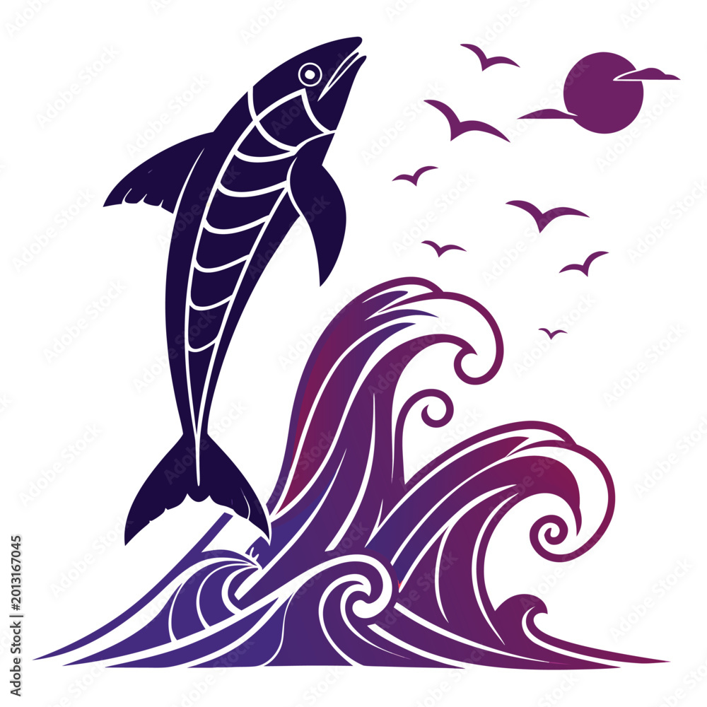 Fototapeta premium Stylized Fish Jumping Over Ocean Waves with Sunset and Birds Illustration