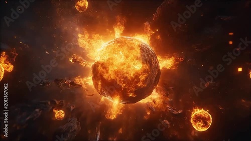 Massive celestial explosion with blazing, fiery planets and debris scattering through a dark space filled with glowing particles