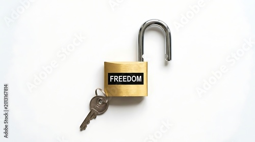 Gold padlock with key and freedom text on white background