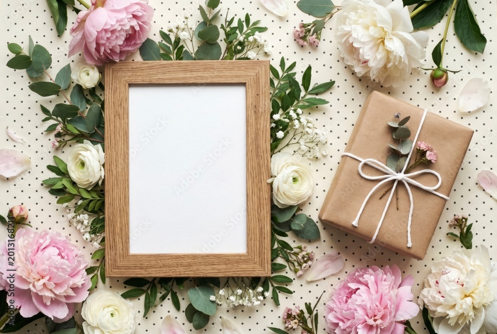 Obraz premium Wooden Frame with Flowers and Gift Box on Polka Dot Background for Design Mockup