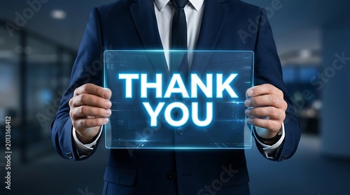 Professional holding digital thank you message in business suit setting