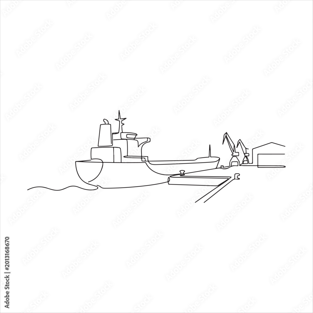 Obraz premium Continuous line drawing of cargo ship docked at industrial port with cranes and warehouse