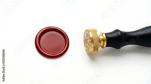 Wax seal stamp with red melted wax and gold handle on white surface