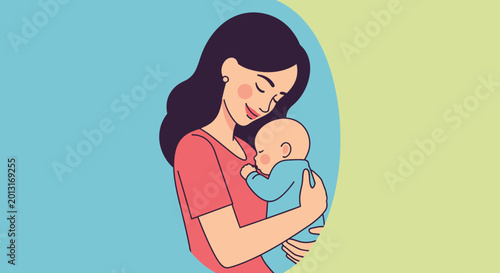Fotografia Loving Mother Holding Newborn Baby Close, Gentle Embrace, Maternal Bond, Family