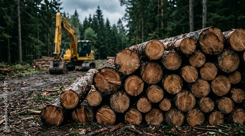 Large stack of freshly cut logs in forested industrial logging area