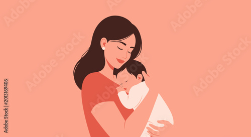 Canvas Print Mother holding sleeping baby, tenderness, motherhood, family love, illustration