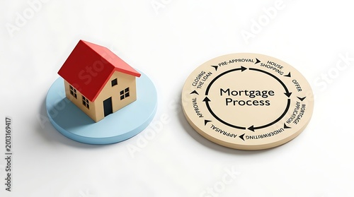 Mortgage process concept with house model and circular flowchart steps