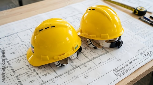 Two yellow hard hats on urban development project blueprint on table