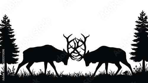 Fotografi Two deer battling with antlers in a forest black silhouette high-quality profess