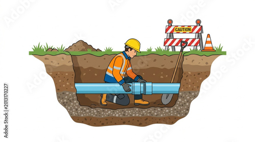Construction worker repairing underground water pipe in trench.