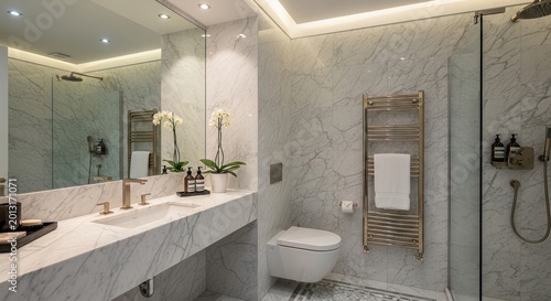 Luxurious contemporary bathroom featuring expansive marble surfaces and modern fixtures