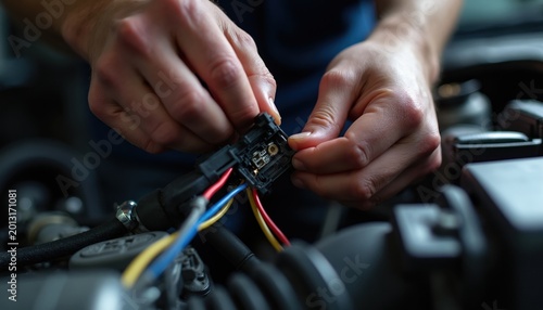 Close up hands connect wire harness inside car engine bay. Auto technician works on vehicle repair. Electric car maintenance wiring systems. Mechanic job at auto shop.