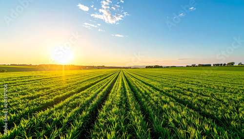 Beautiful golden hour landscape, expansive green plantation field stretching to the horizon under a clear bright blue sky, warm golden sunlight