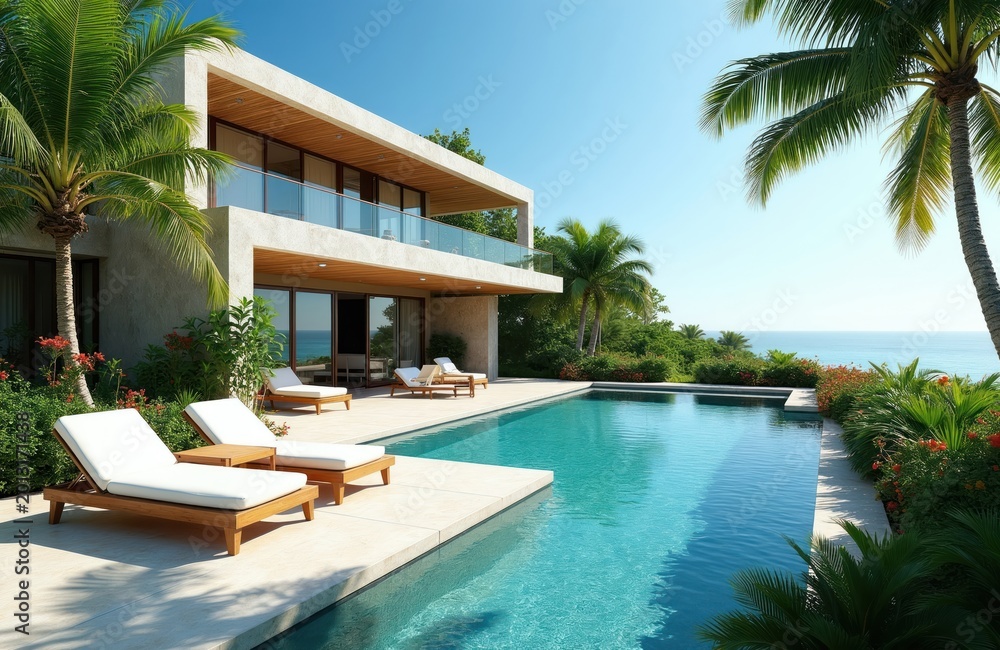 Obraz premium Modern villa with infinity pool and ocean view. Tropical landscaping surrounds luxury home. Relaxing chaise lounges invite guests to enjoy sunny day at poolside resort.