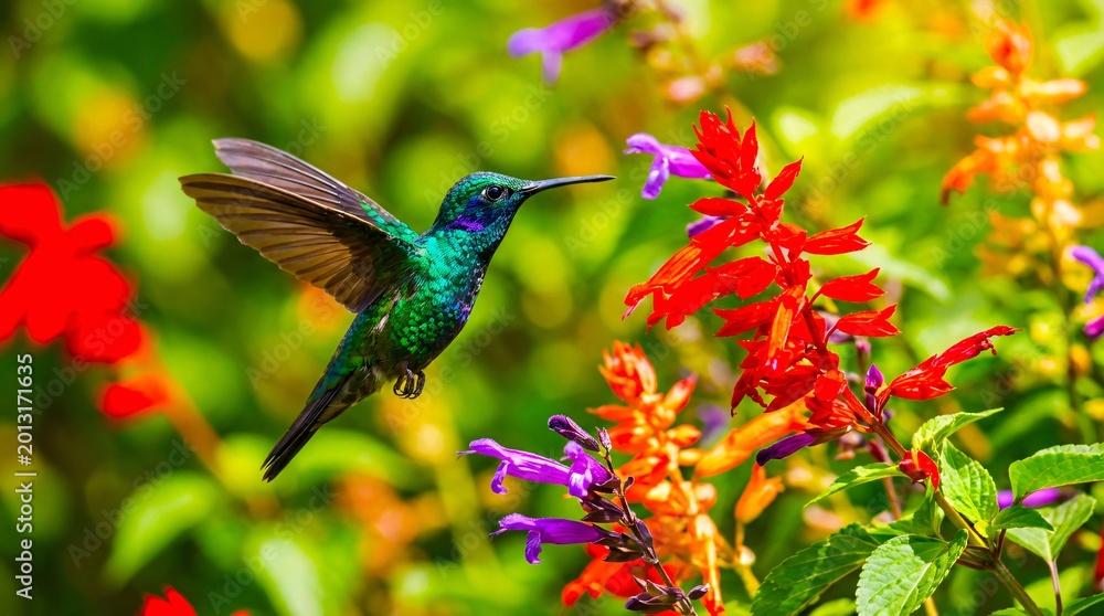 Fototapeta premium Iridescent Hummingbird Hovering by Colorful Garden Flowers