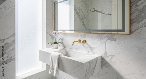 Elegant bathroom vanity area features luxurious natural stone surfaces and modern fixtures
