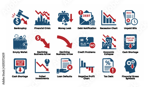 Bild auf Leinwand Business failure and financial crisis solid icon set with bankruptcy debt recess