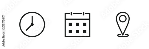 Minimal time date and address icon set with clock calendar and location symbols, scheduling navigation vector design