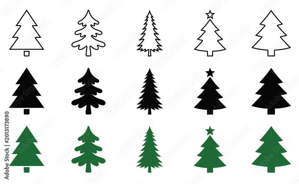 Fototapeta premium Collection of various christmas tree icons in different colors and styles isolated on white background
