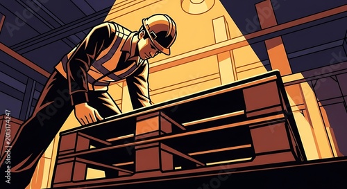 Industrial Worker Inspecting Pallet in Dimly Lit Warehouse