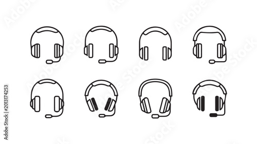 Headset icons with microphones in a clean graphic arrangement for communication and gaming concepts