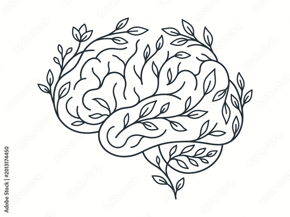 Fototapeta premium Line art illustration of a human brain intertwined with growing plant branches and leaves, symbolizing mental growth and natural connection.