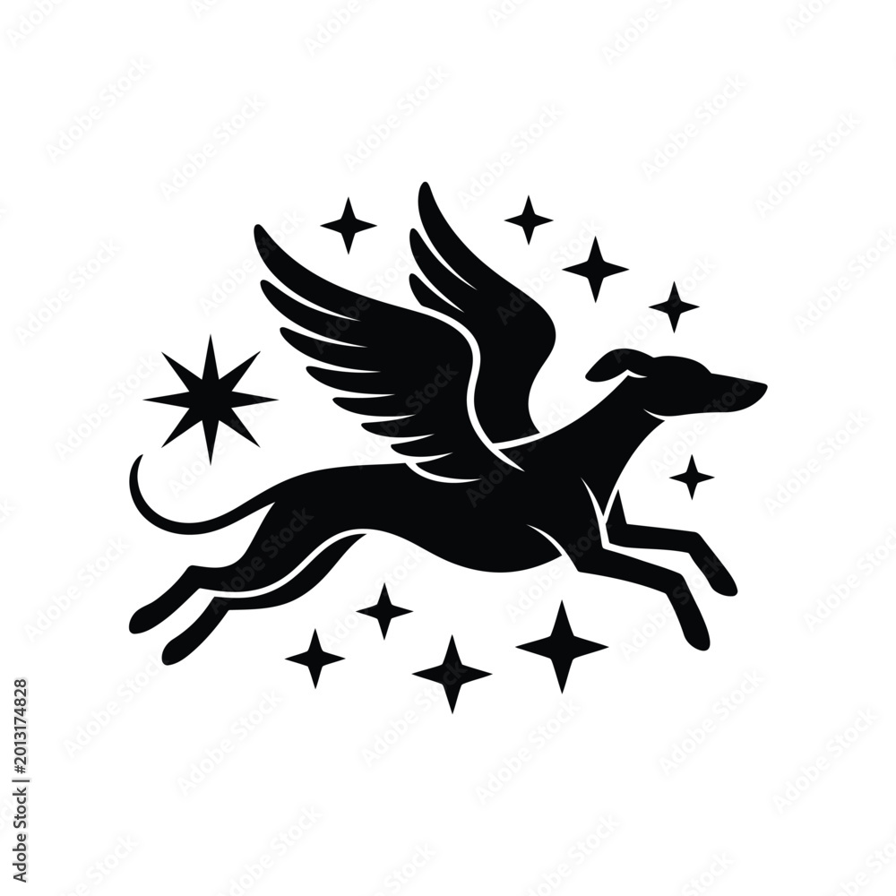 Fototapeta premium Winged greyhound silhouette with stars black on white background